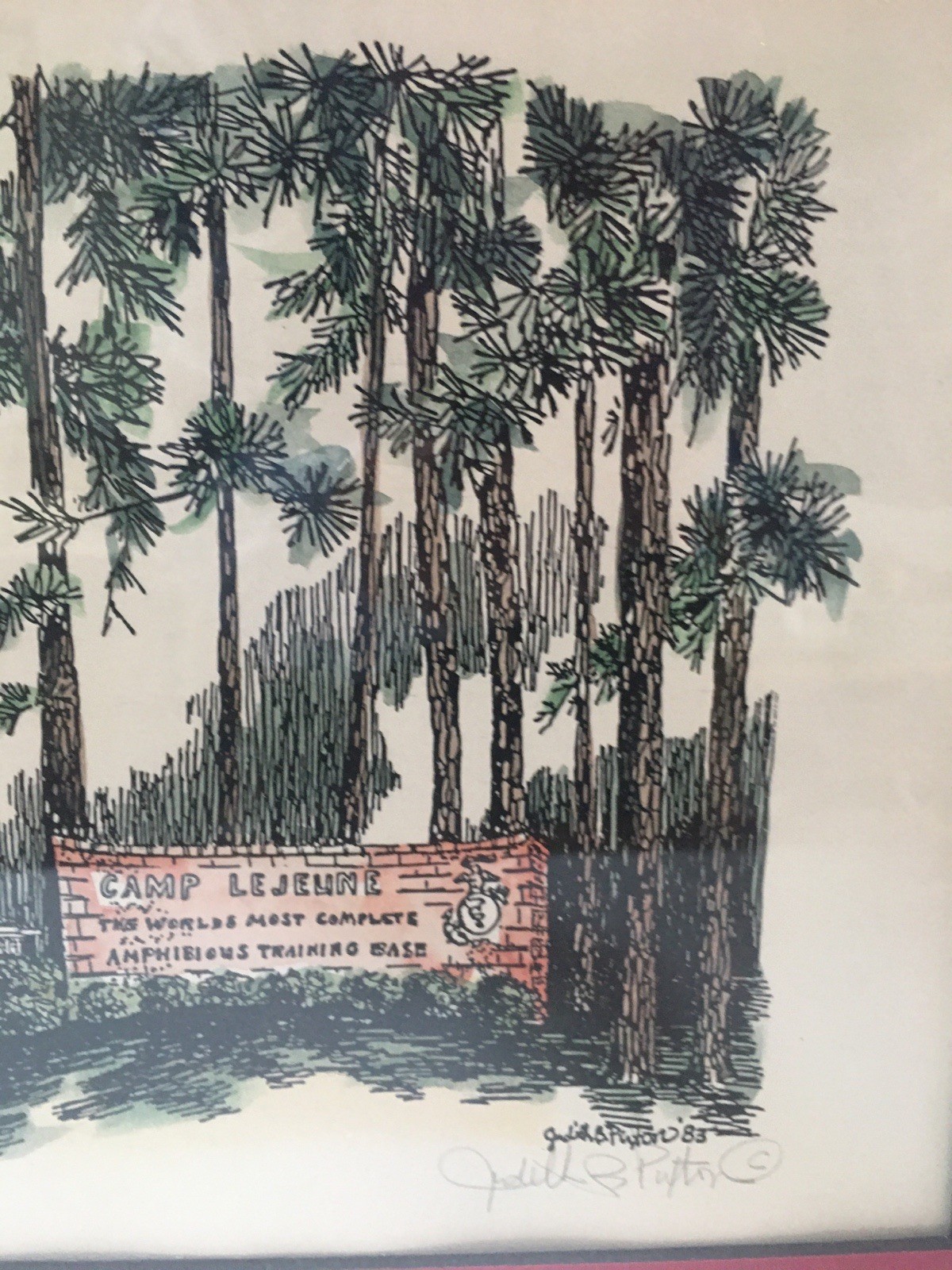 Print 1/500 Camp Lejeune Matted & Framed by Artist Judith Putton 1983 16″ X 13″