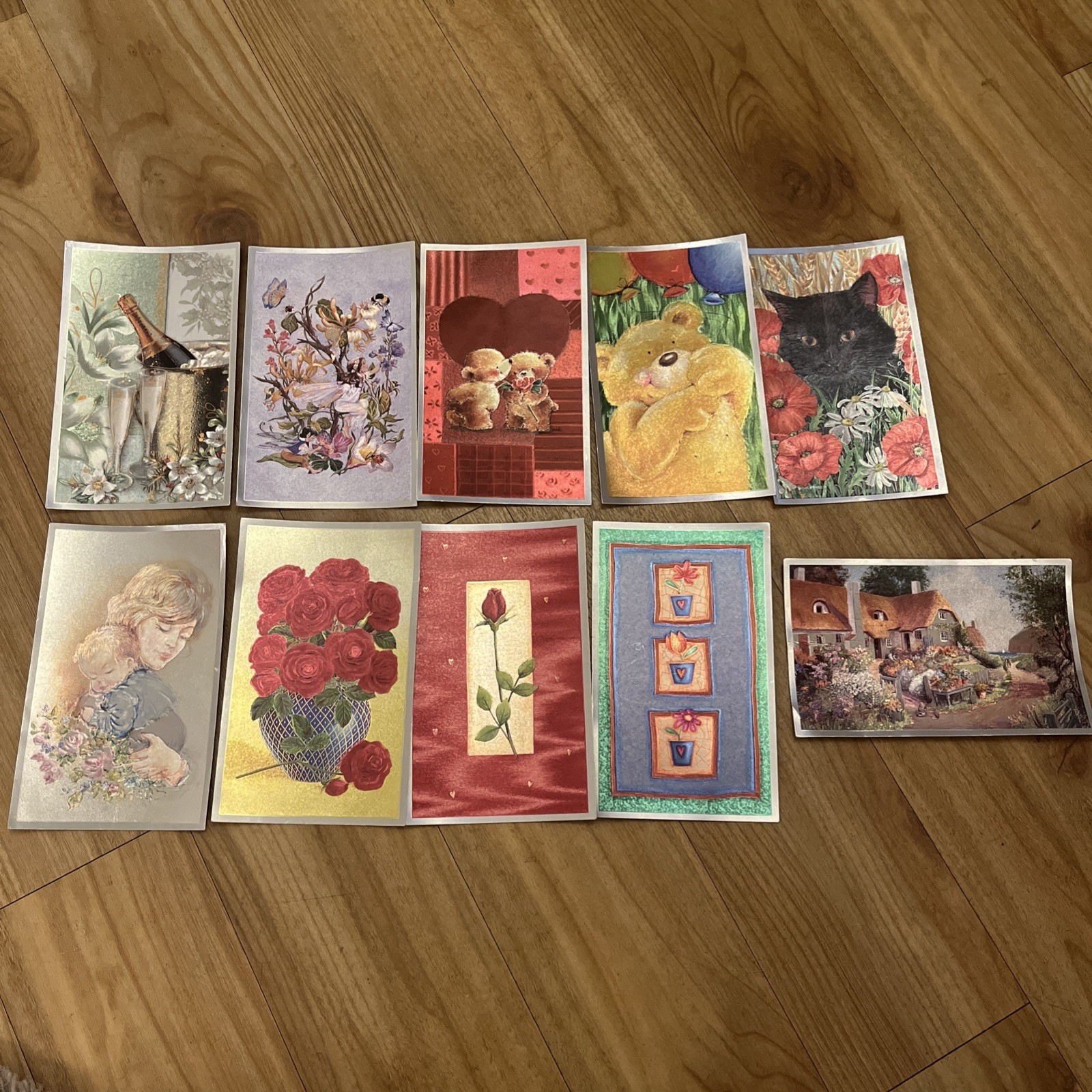 10 VINTAGE DUFEX FOIL PRINTS 15x9cm F J WARREN, MIXED THEMED -bears fairy floral