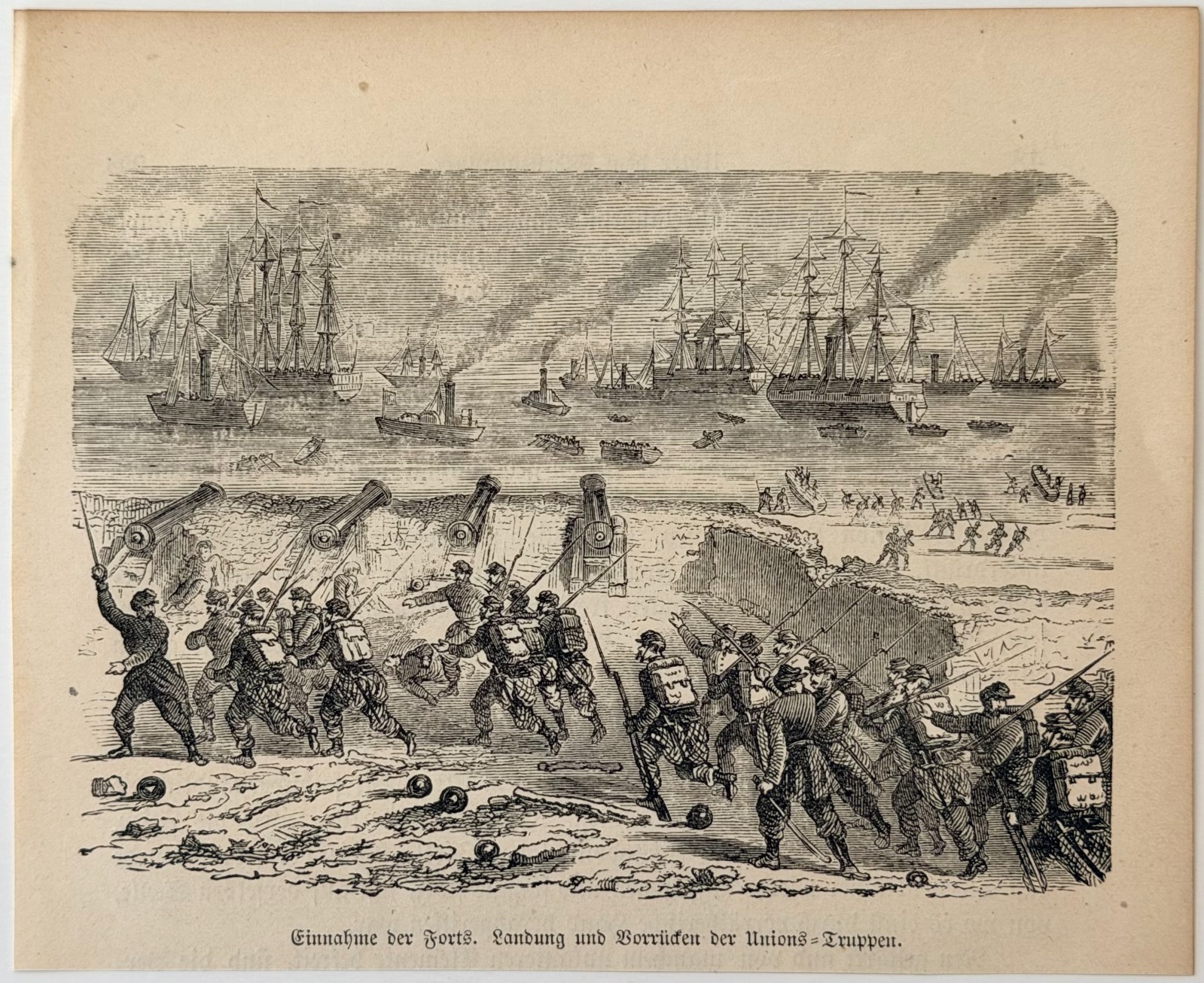 1867 Union Troops Landing Fort Captured Naval Battle Wood Engraving Civil War