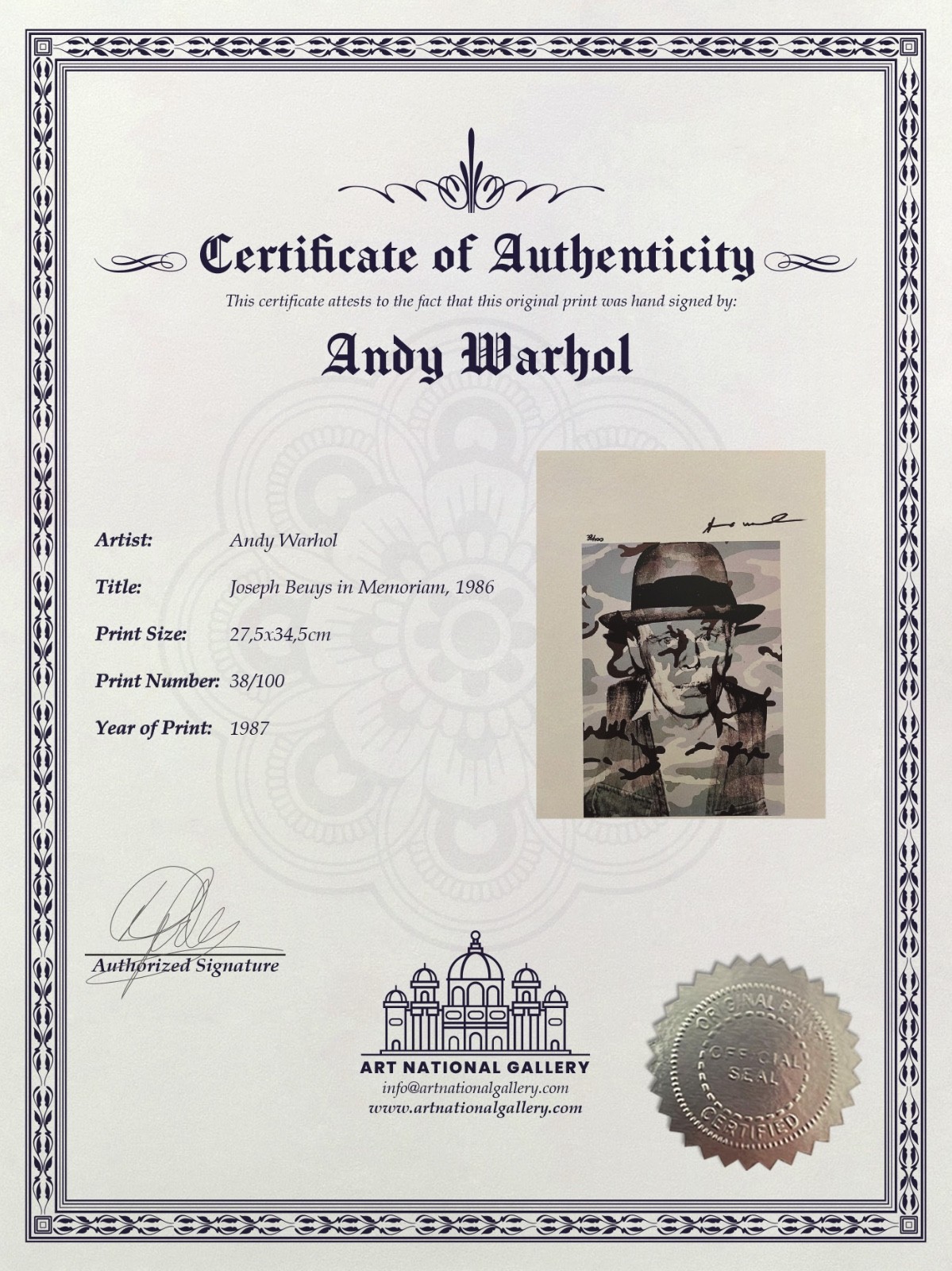 Andy Warhol, Original Hand-signed Lithograph with COA & Appraisal of $3,500