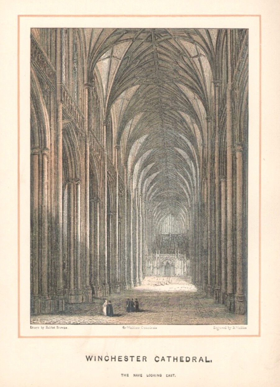Antique Engraving 1895 Winchester Cathedral Nave East Color Plate