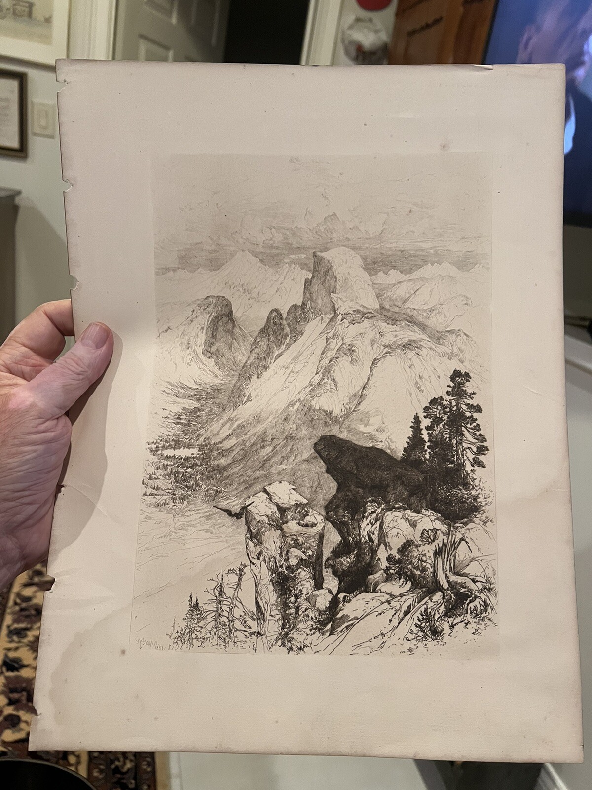 Thomas Moran 1887 Signed Dry Etching of Half Dome Rock Yosemite National Park