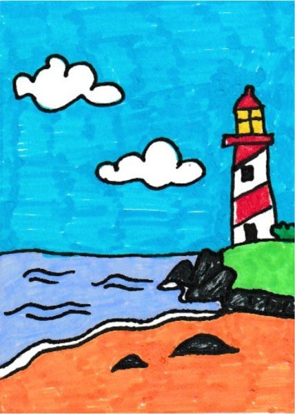 ACEO Print “Bold Horizons” #1/5 – Coastal Lighthouse Rocky Headland Sandy Shore