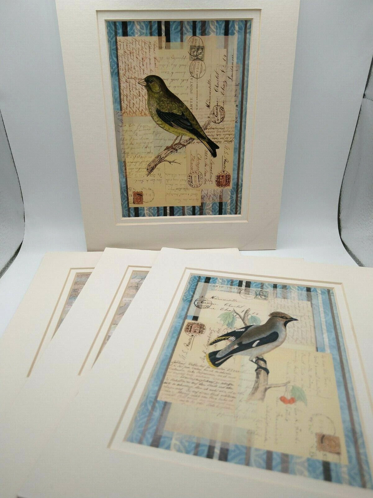 Wildlife Prints Four Birds Matted Multi Colored Blue Background Ready to Frame