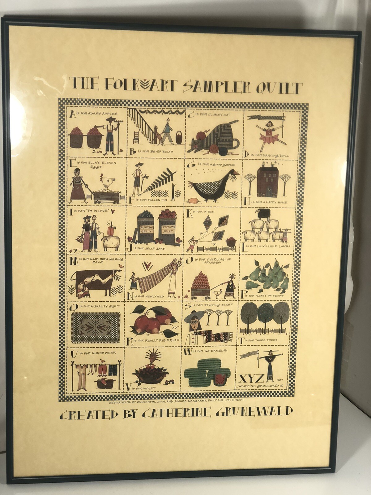 Catherine Grunewald Vintage The Folk Art Sampler Quilt Framed Display Rare Piece