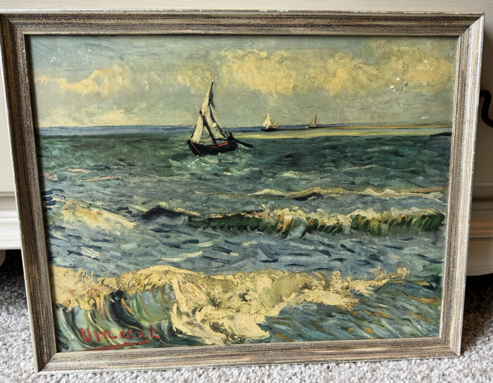 Vintage Framed Reproduction Vincent Van Gogh Oil Painting Seascape Nautical Art