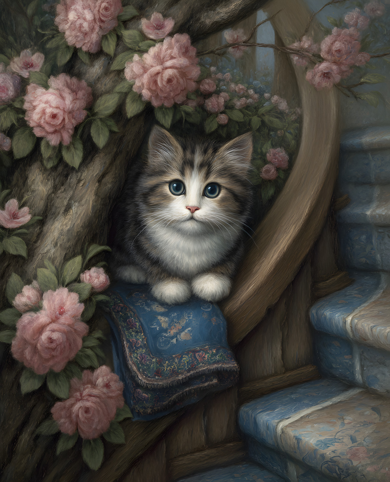 8×10 Kitten Sitting In Tree With Blue Cushion Art Print Wall Decor – 361046891