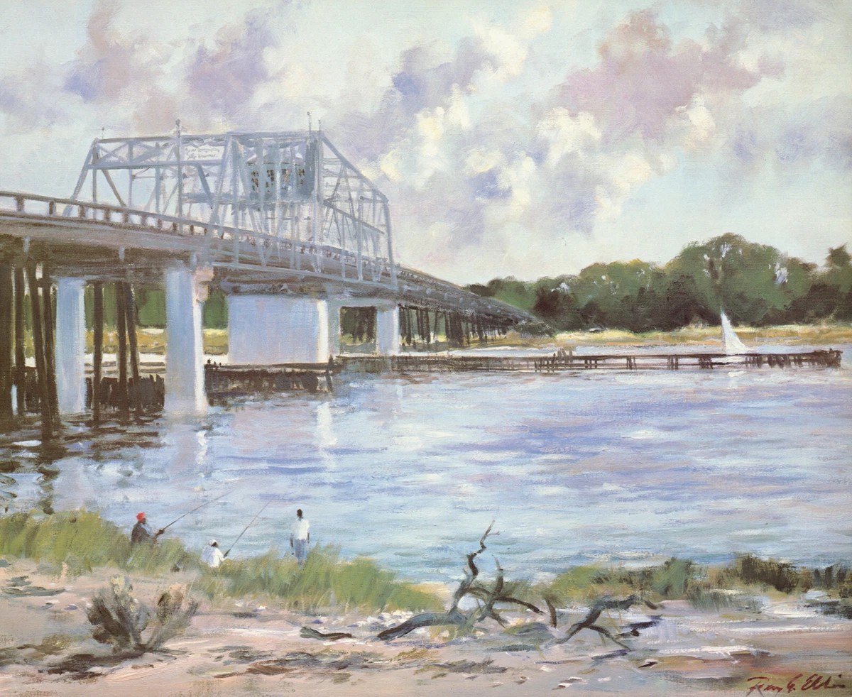 1983 Vintage Print Swing Bridge Fishing Shore South Carolina Oil Paint Image