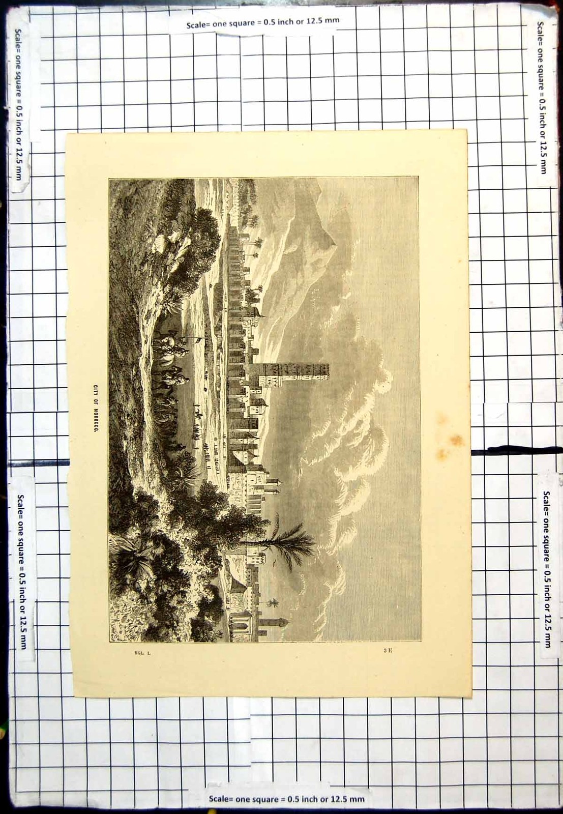 Original Old Antique Print City Morocco Walls External View Tall Towers Horses