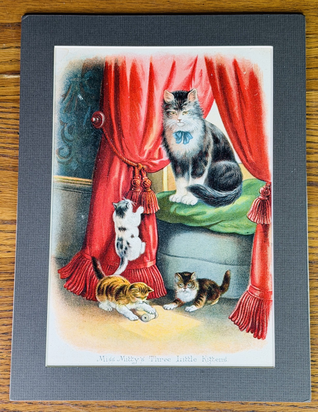 VTG CAT KITTENS ART PRINT MISS MITTY’S THREE LITTLE KITTENS from book Framed