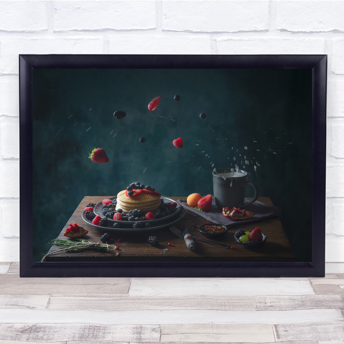 Pancakes Milk Strawberry Blueberry Pancake Breakfast Lunch Wall Art Print