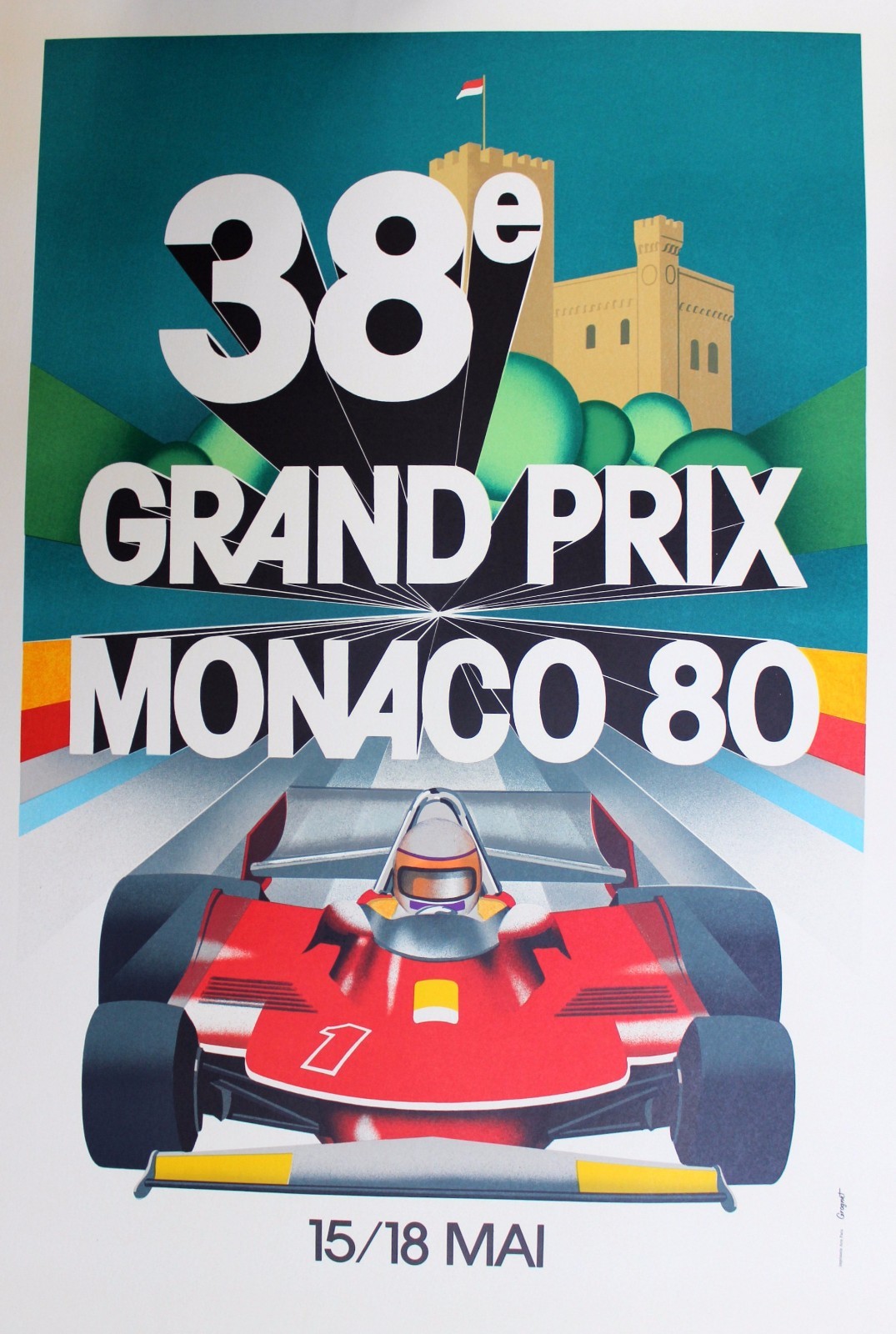 1980 38e Monaco Grand Prix Lithograph Poster 1989 Collectible