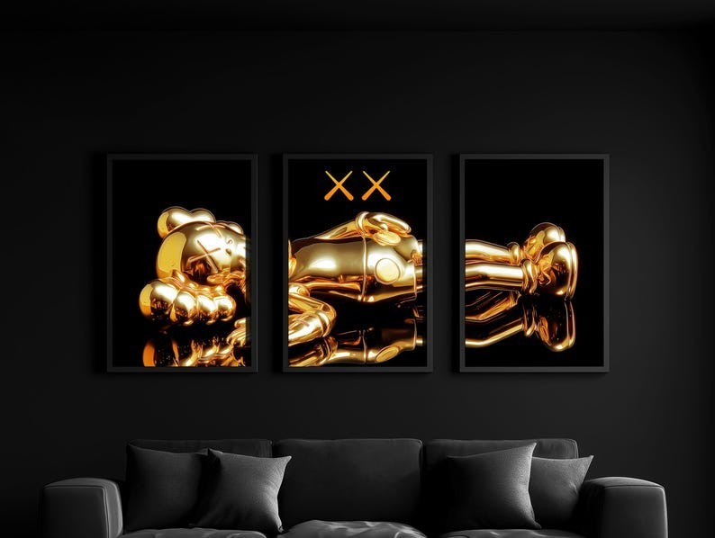 Set of 3 Gold Kaws Laying Art pieces canvas wall home decor Portrait Gallery
