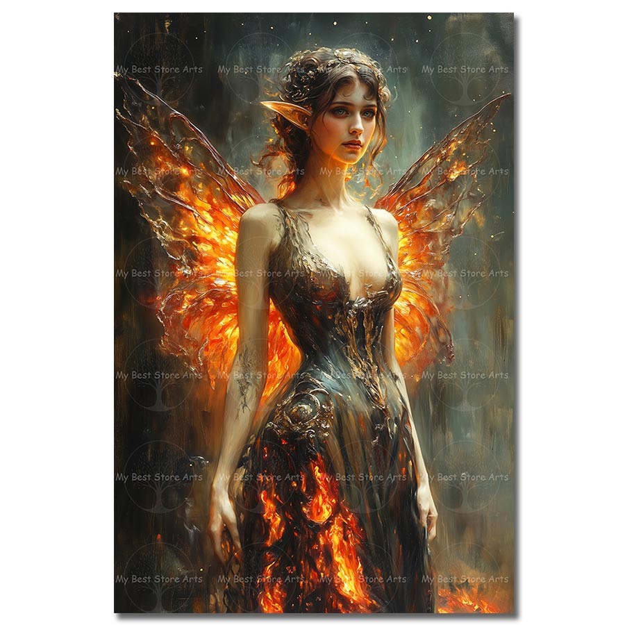 Fairy Art Print, Moonlit Fire Winged Poster, Enchanted Fantasy Wall Decor