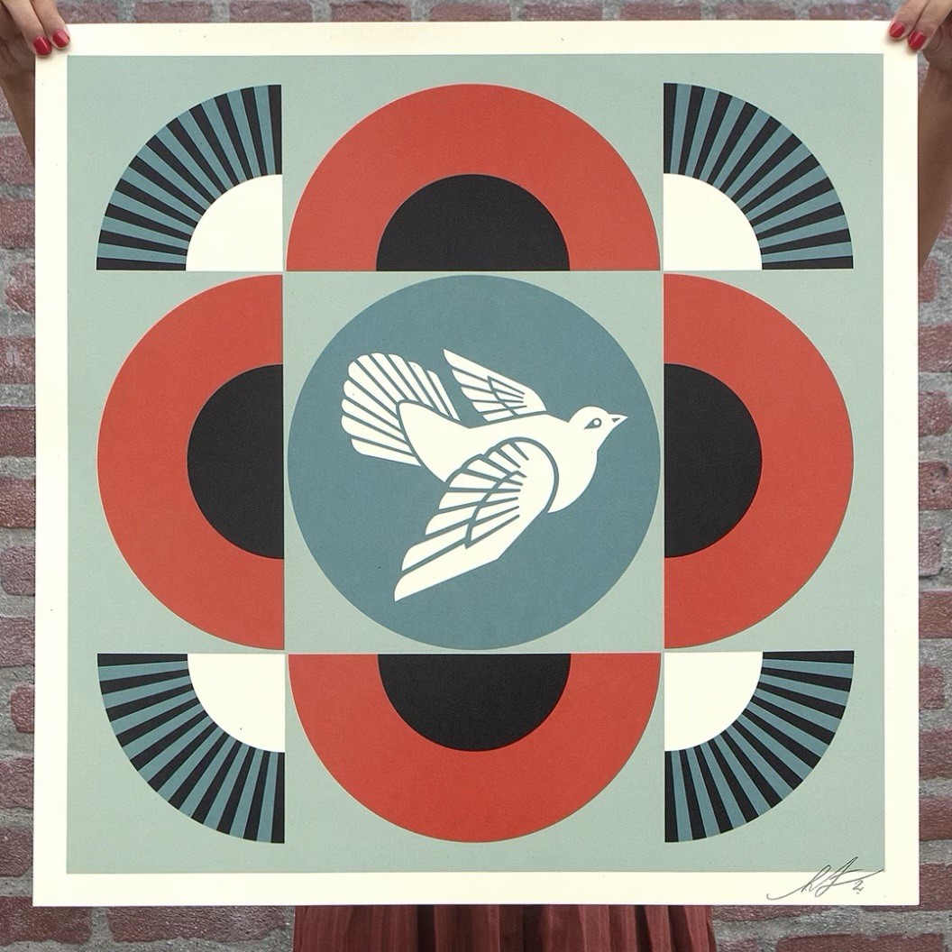 Shepard Fairey Geometric Dove Red Hand Signed Obey Giant Offset Lithograph Art
