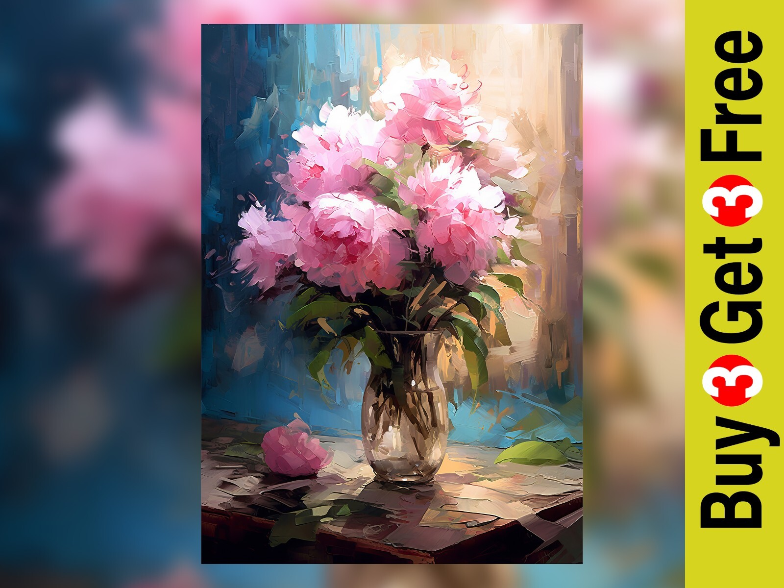 Blossoming Elegance 5″x7″ Pink Flowers in Glass Vase Oil Painting Print