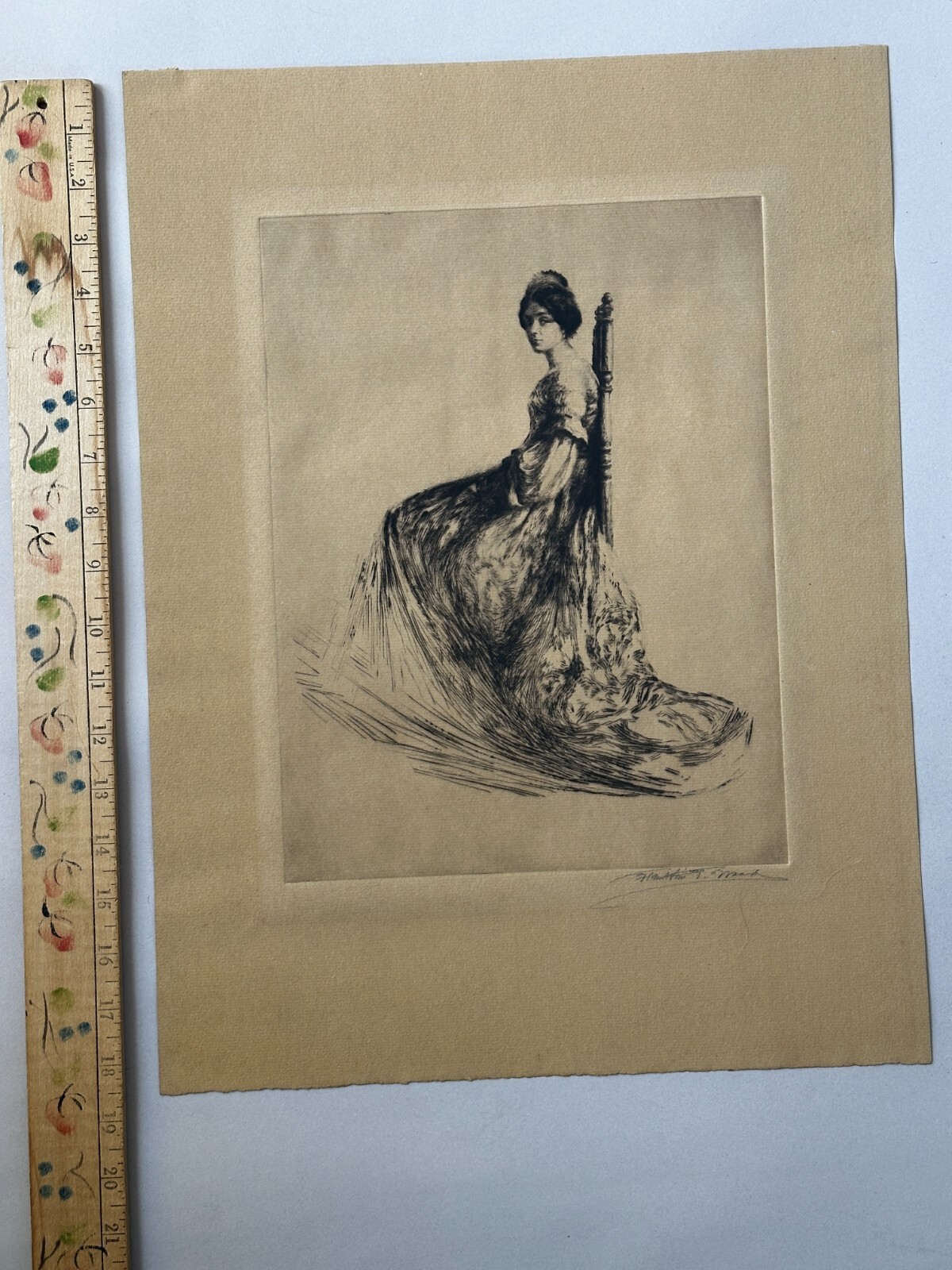 Antique 19C Woman in Gown Rich Impression Etching signed