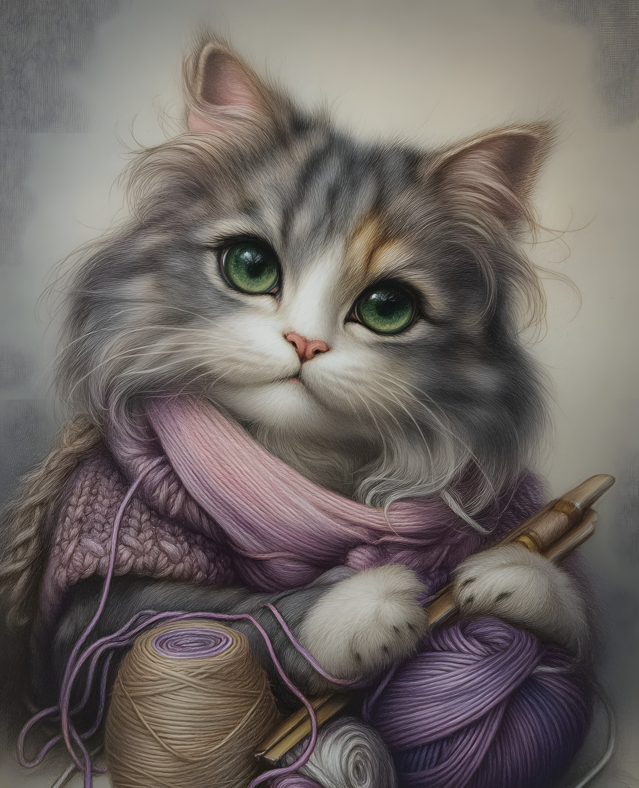 8×10 Cat With Purple Scarf & A Ball Of Yarn Art Print Wall Decor – 104851634