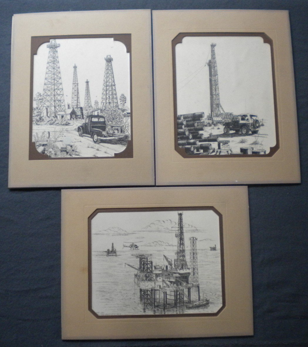 VTG Lot of 3 Al Richardson Oil Rigs Drilling Prints 1980s Offshore Gas Petroleum