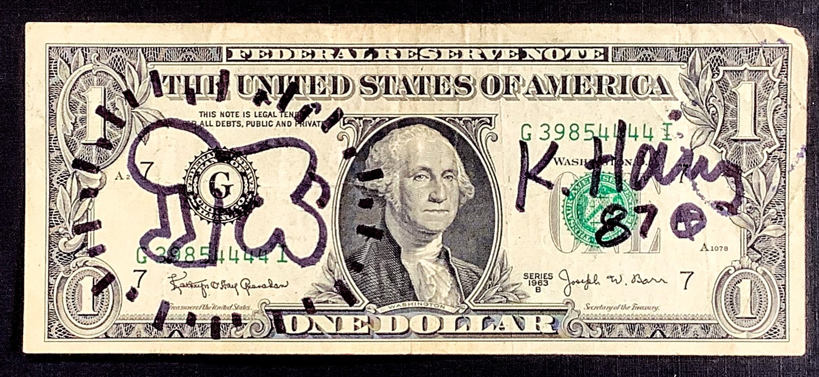 Hand signed – Keith Haring – Doodled $1 Authentic United States Bank Note