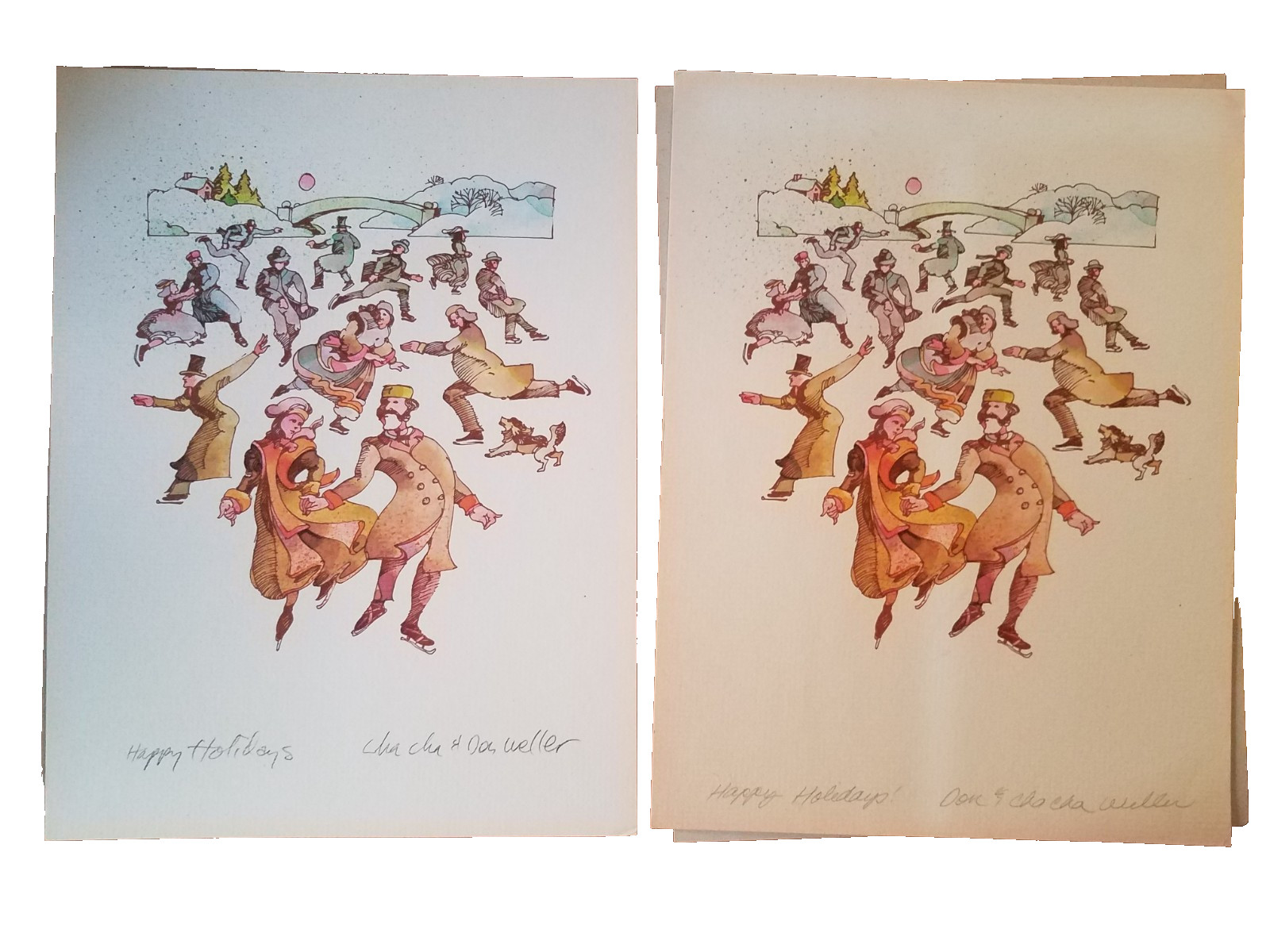 Lot of 2 Don Weller art prints watercolor Happy Holidays ice skating western vtg
