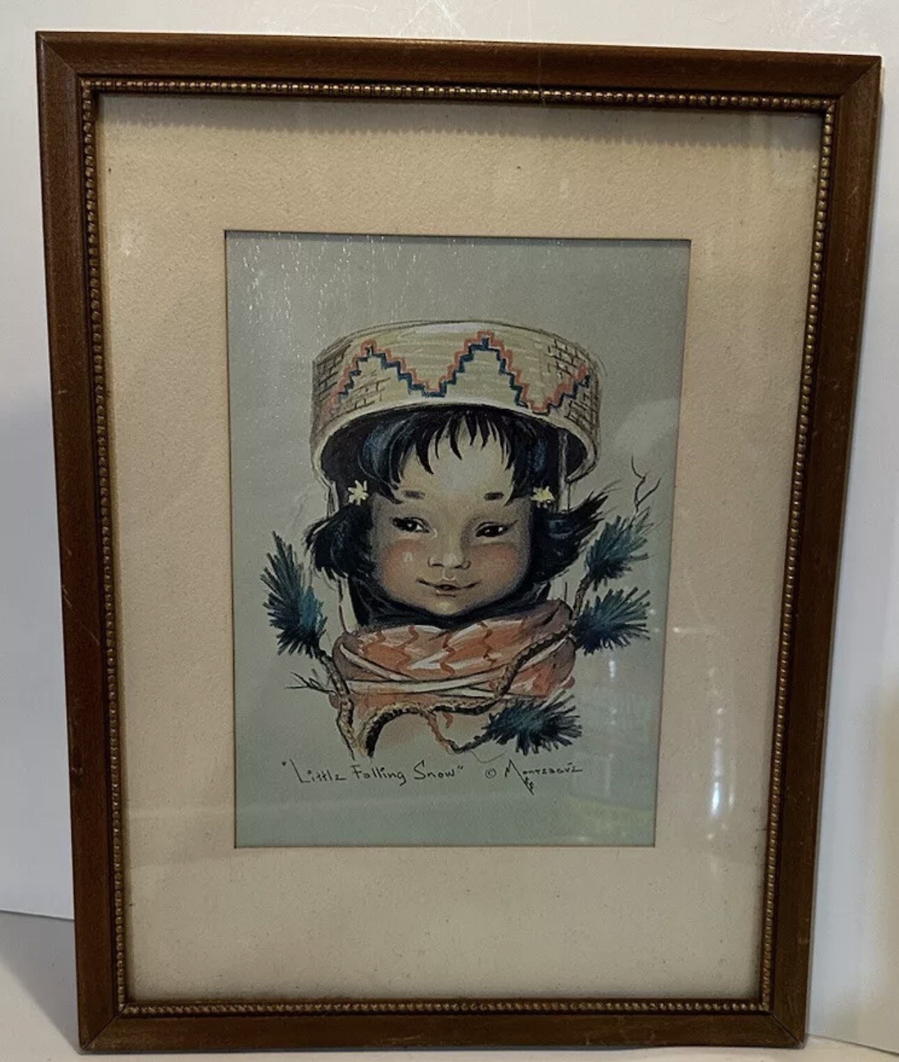 MCM 50’s “Little Falling Snow” Monteague Flagg Framed Print American Indian B