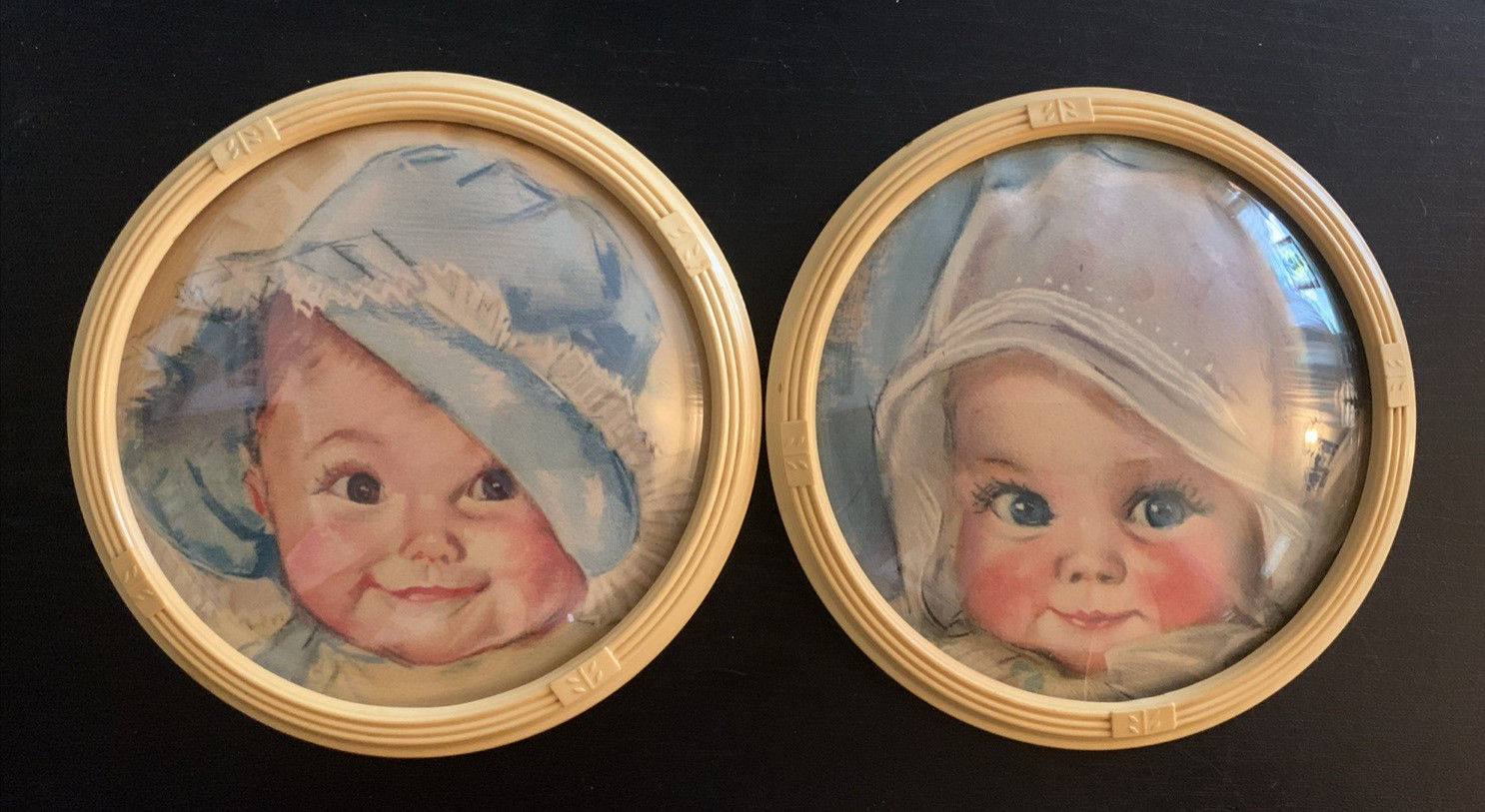2 Vintage 5” Celluloid Framed Baby Face Prints Maud Tousey Fangel Convex Glass