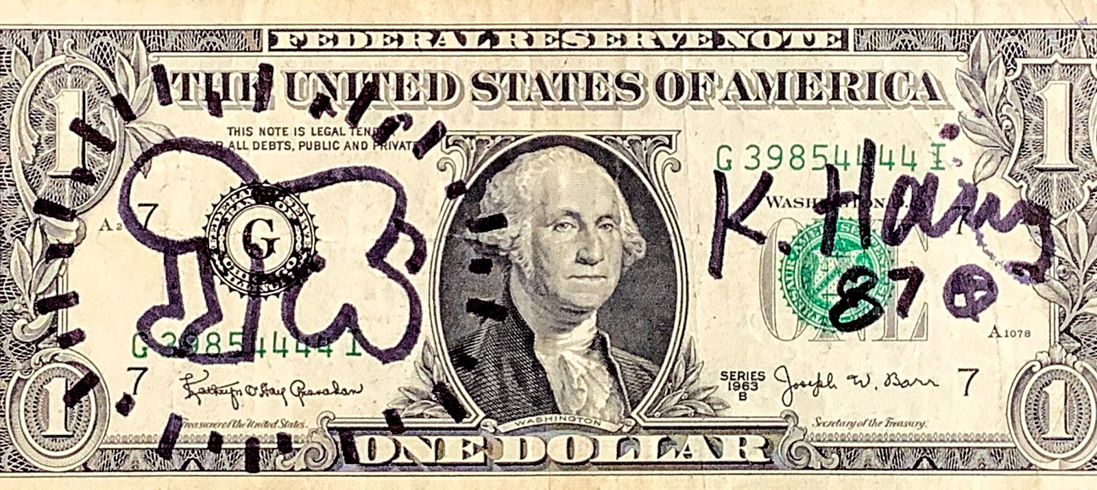 Hand signed – Keith Haring – Doodled $1 Authentic United States Bank Note