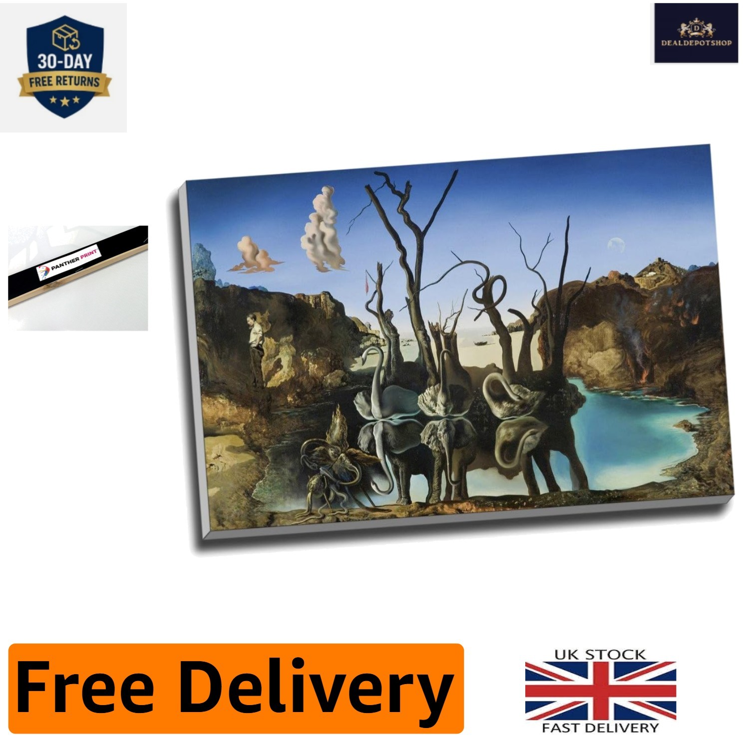 Vibrant Salvador Dali Wall Art – Framed Swans Reflecting Elephants 76.2×50.8cm