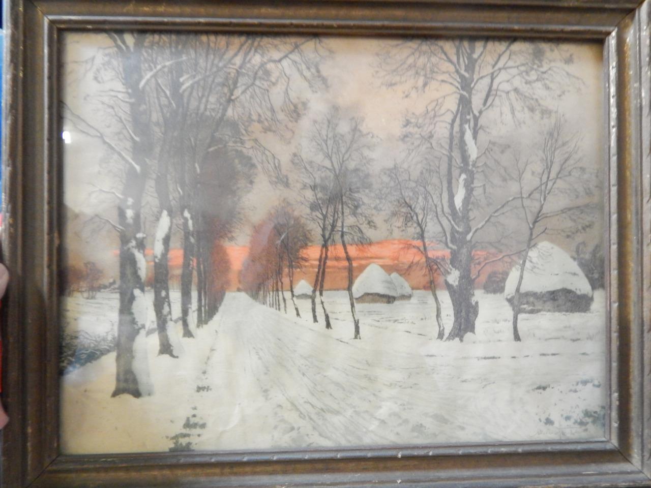 ANTIQUE VINTAGE NEW ENGLAND PRINT/WATER COLOR SNOWY SCENE ALPEN GLOW WET SIGNED