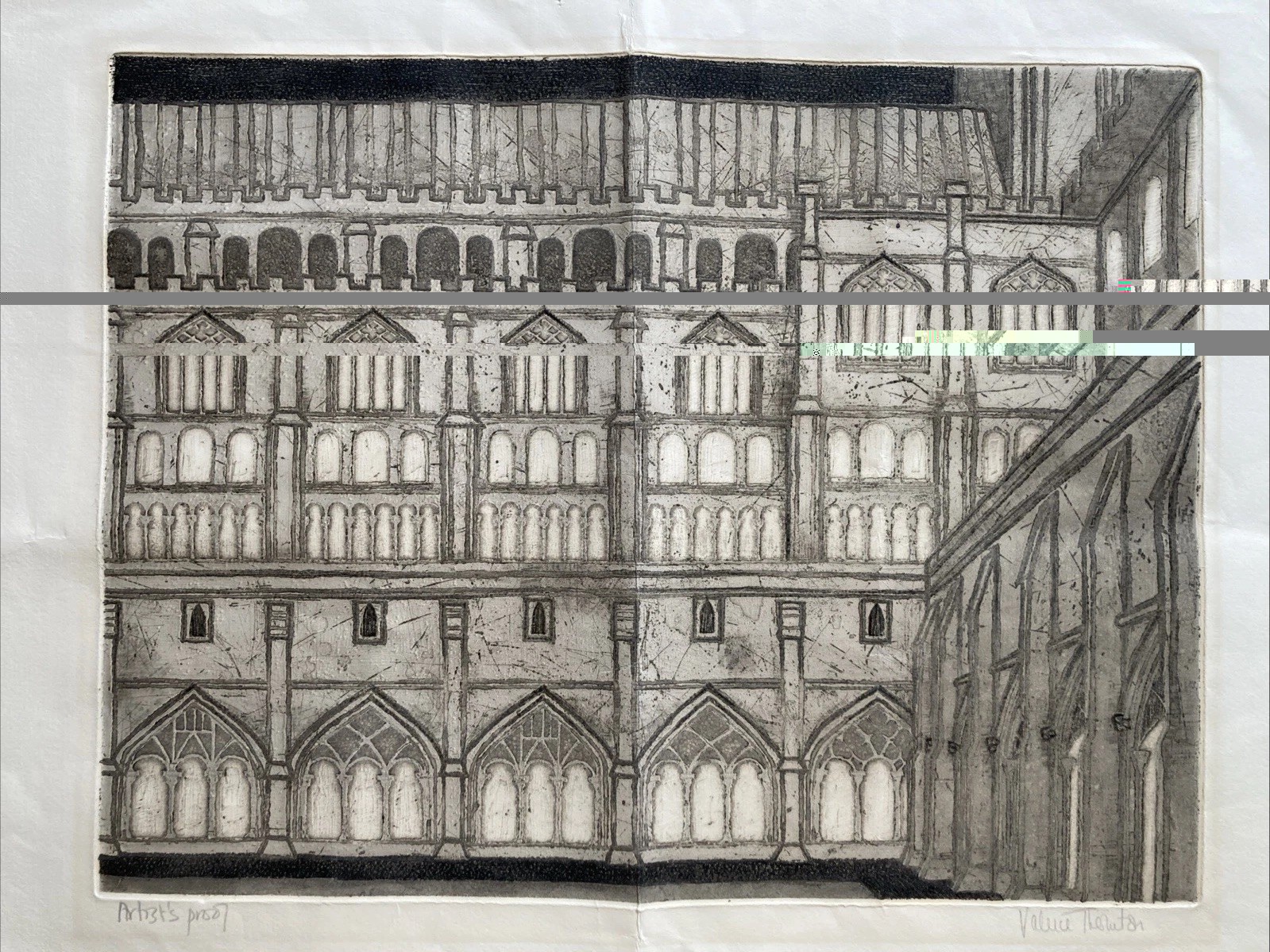 Vintage Valerie Thornton Etching “Norwich Cloister” Signed Artist Proof Folded