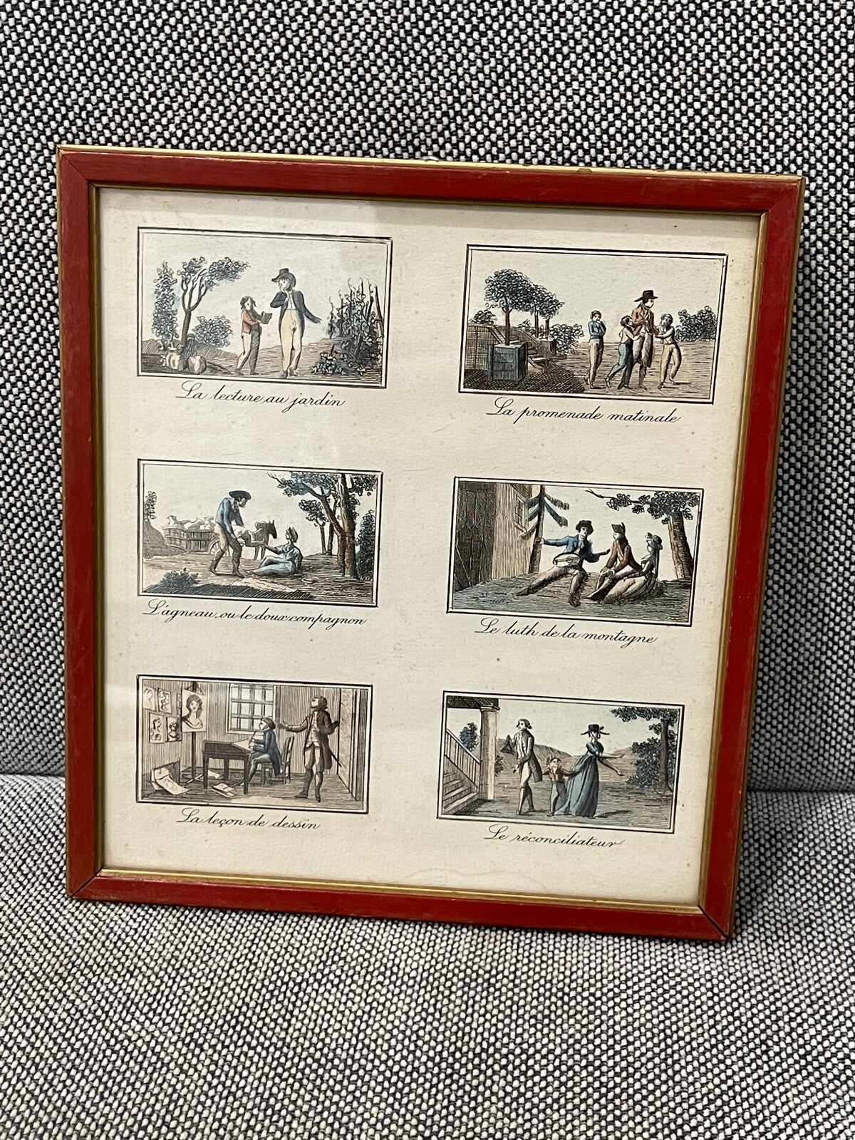 Vintage Antique Framed Print w/ 6 Various Scenes & Men & Women