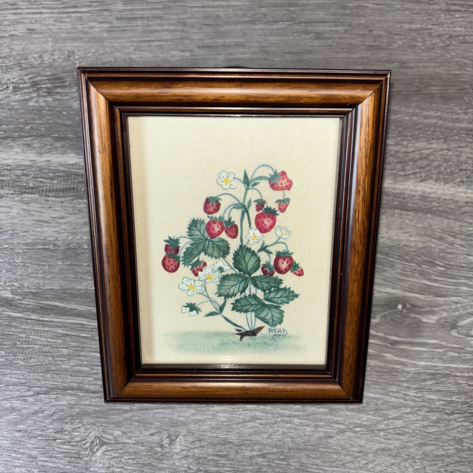 Vintage Original Strawberry Read Print Wood Frame 5.5”x 4.5” MCM Hanging Decor