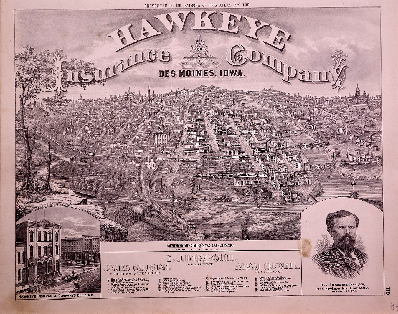 1875 Print ~ Birds-Eye View of Des Moines, Iowa presented by Hawkeye Ins. Co.