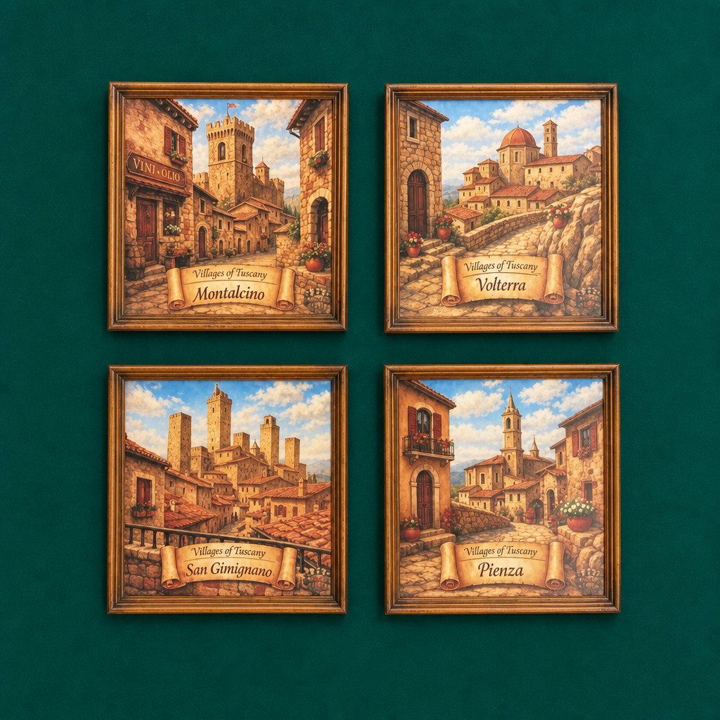 Villages of Tuscany Art Set – Framed Italian Village Digital Paintings,
