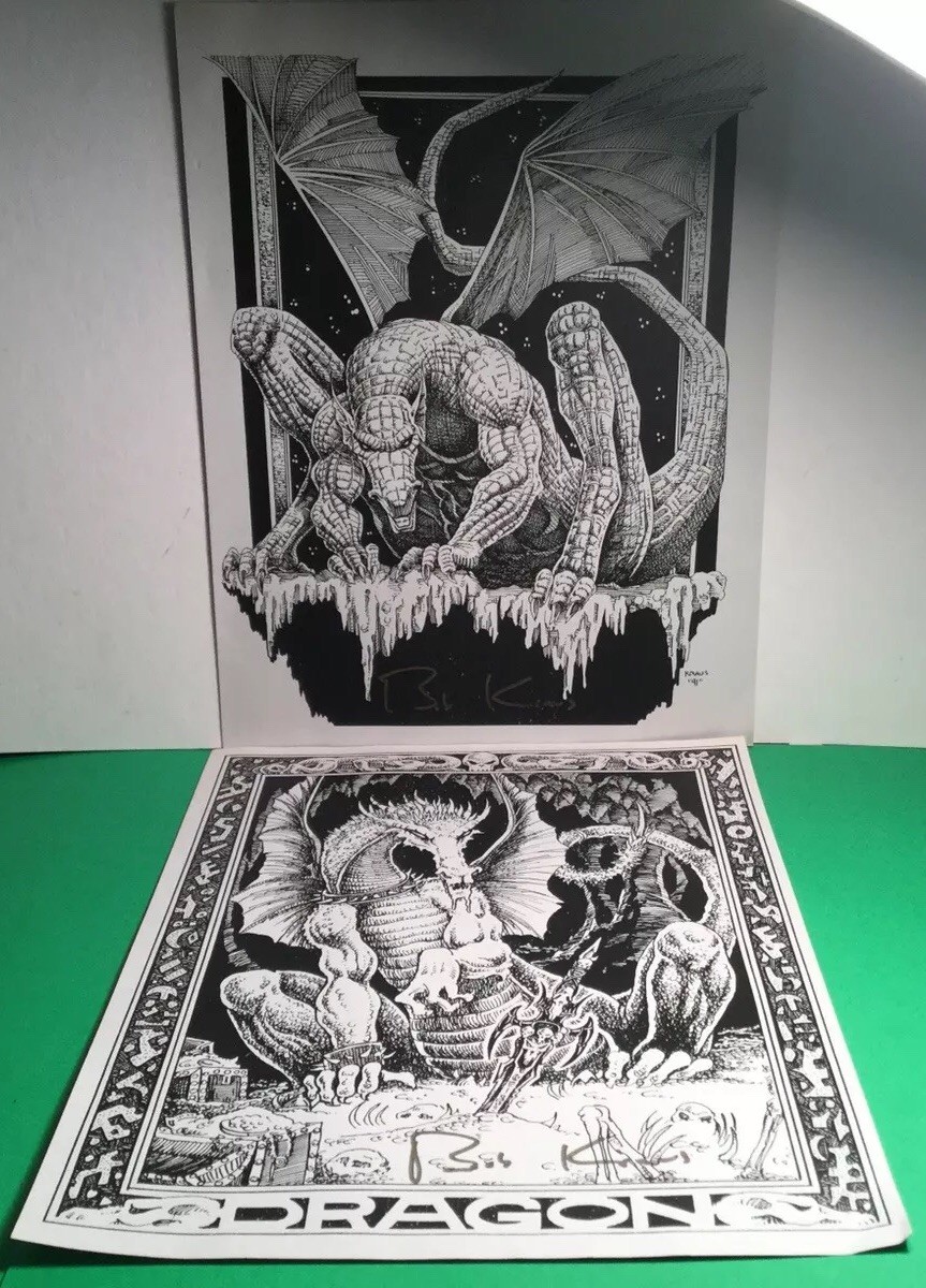 2 VINTAGE SIGNED AUTOGRAPHED BOB KRAUS DRAGON PRINTS 1991 & 1985