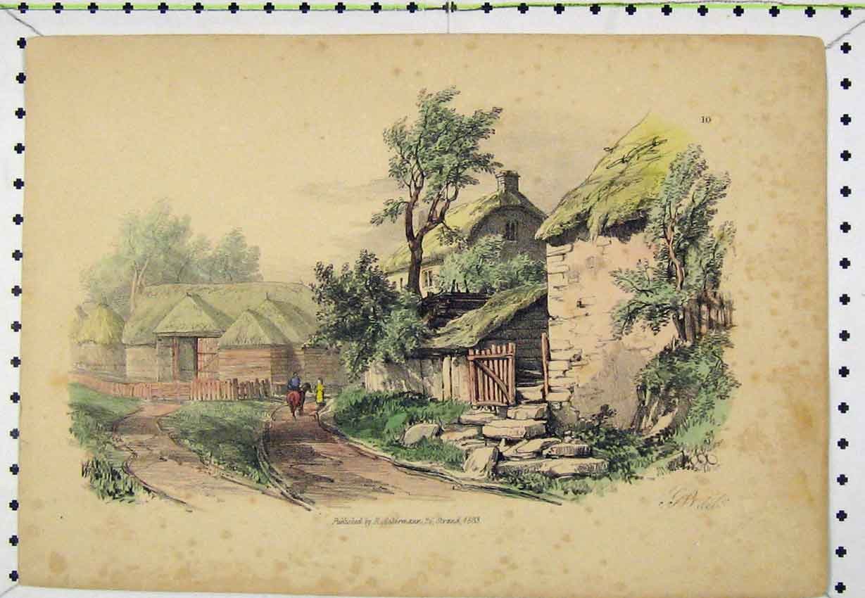 Original Old Antique Print 1833 Colour View Village Street Scene Engraving 19th