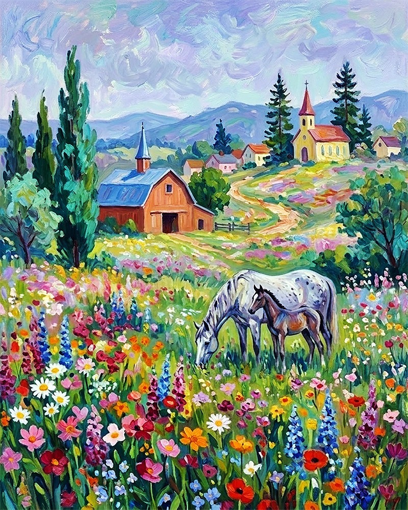 Farm House Art Country Mare & Foal Folk Art 8×10 art print. Free Shipping 0275