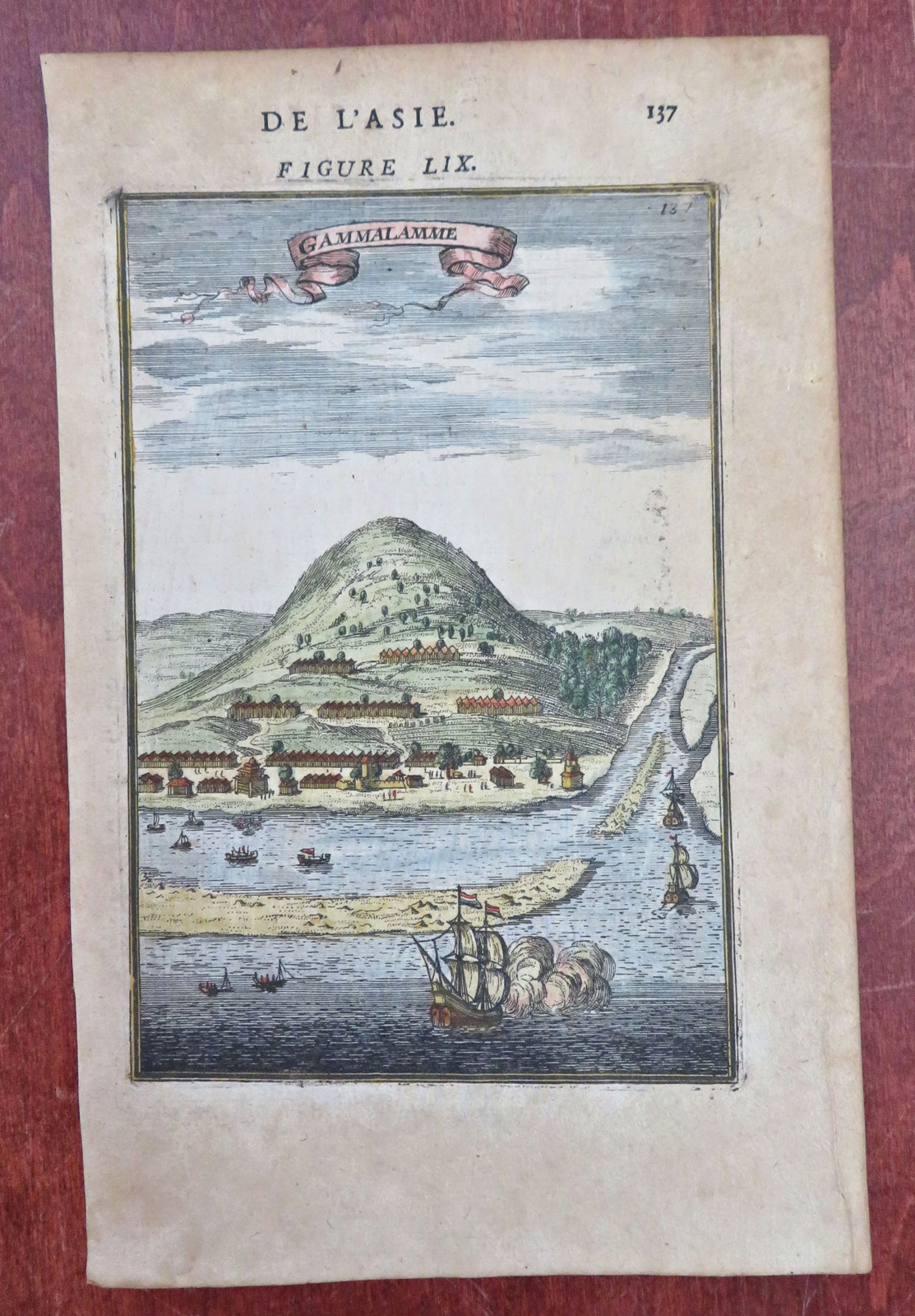 Maluku Islands Indonesia Harbor View Ship 1683 Mallet engraved miniature print