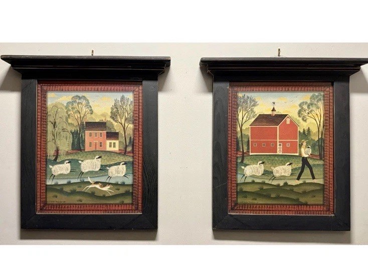 Americana Farmhouse Prints on Wood Framed Pair Sheep Diane Ulmer Pedersen 1997