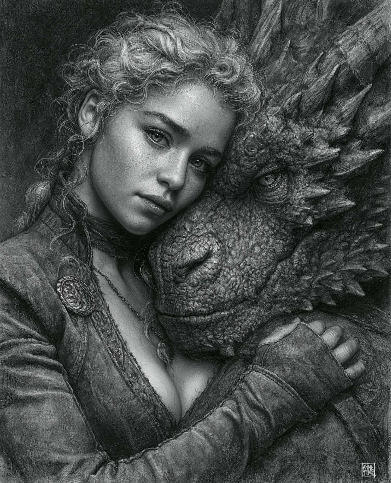 Monochrome Blonde Dragon Rider Embracing a Spiked Wyrm Print – 525571005