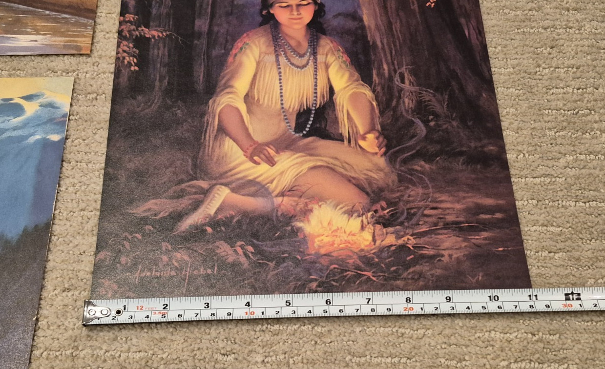 Vintage Native American Indian Woman Prints Canoes Lily Firefly Scenic Pictures