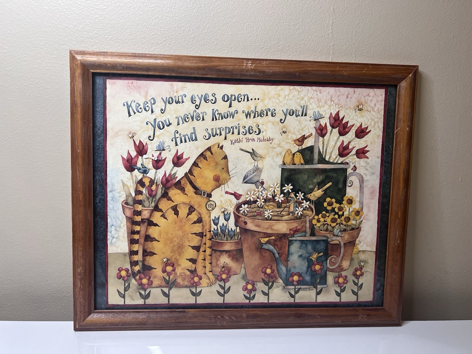 Debi Hron 2000’s Calendar Prints Framed 11×10 Solid Wood Cottagecore Cats Birds
