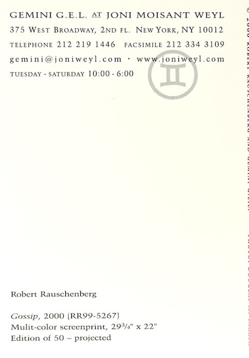 Robert Rauschenberg (1925-2008) Art Print Card 2025 Gemini Gallery NYC – Gossip