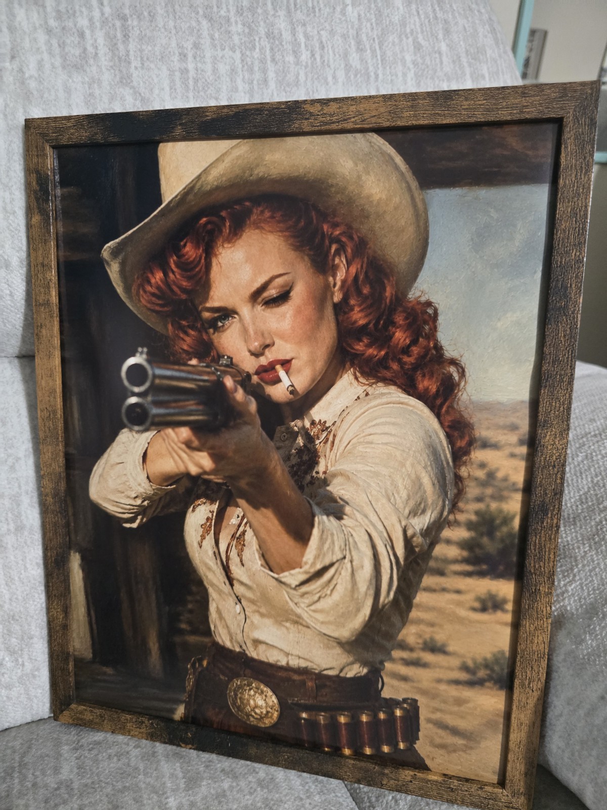 11×14 Vintage Redhead Cowgirl With Shotgun Print- Framed Wall Art