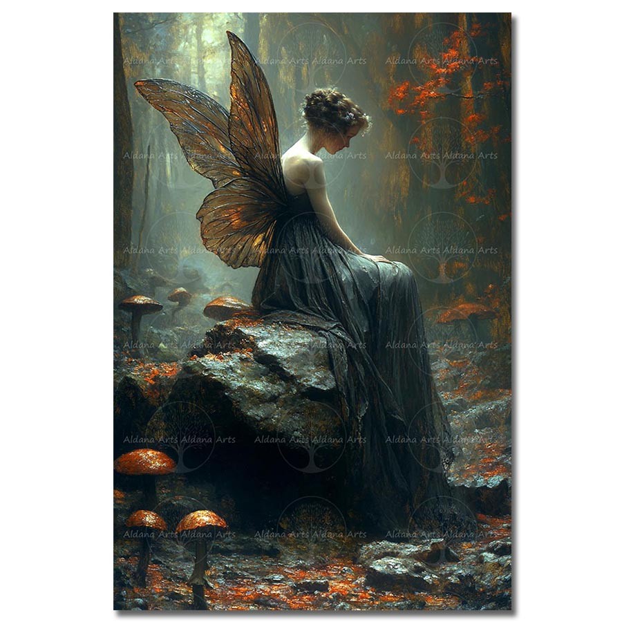 Woodland Fairy Woman Art Print, Autumn Seat Scene Poster, Whimsical Wall Decor