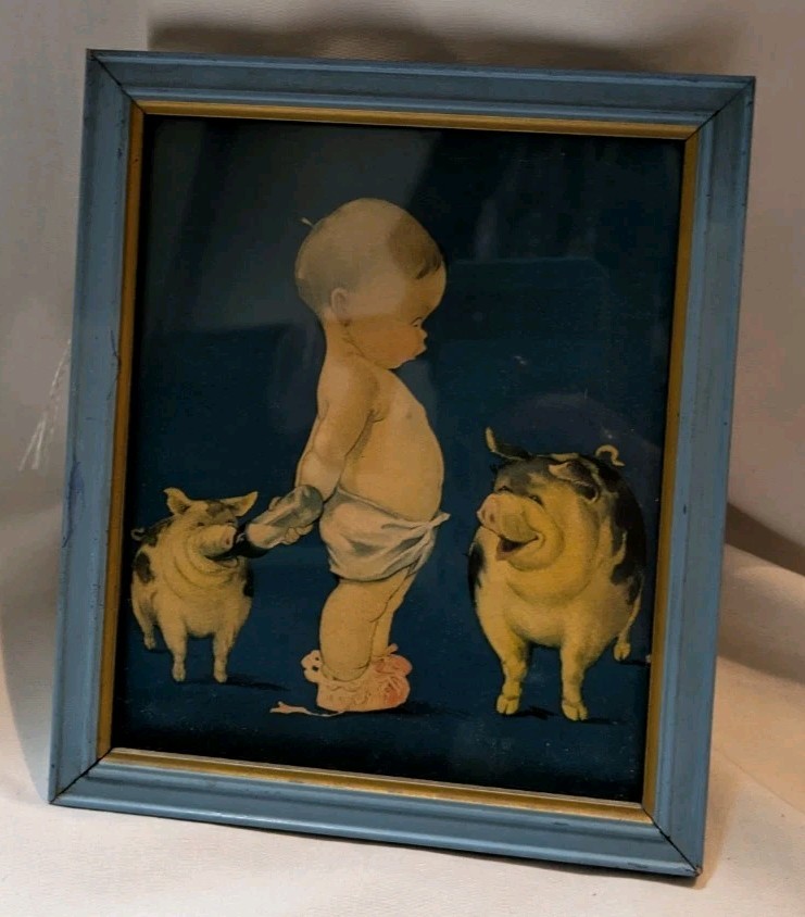 VTG Print Charles H. Twelvetrees “Double Crossed” Cute Baby feeding Piglet