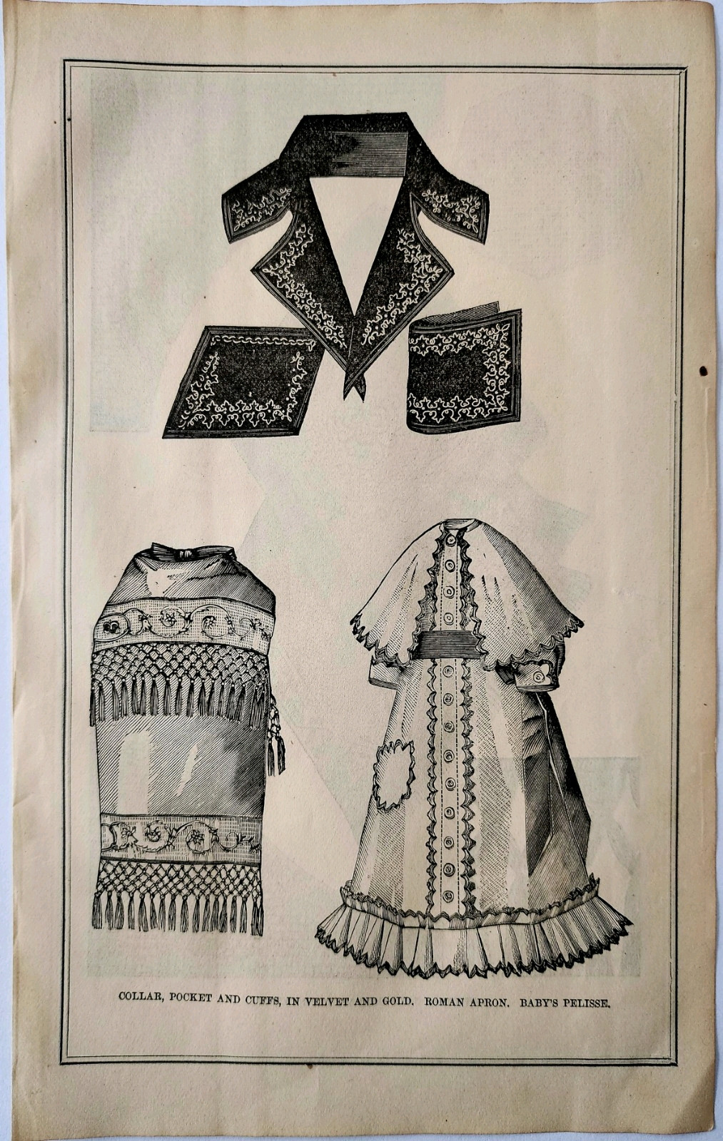 1881 Wood Engraving Velvet Collar Cuffs Roman Apron Victorian Fashion DWQQ19
