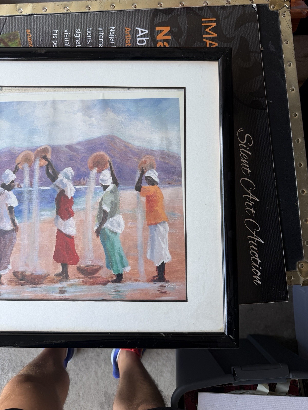 Large Framed Canvas Art Women at Shore Vintage Avon Print? 24×28 in Handwritten