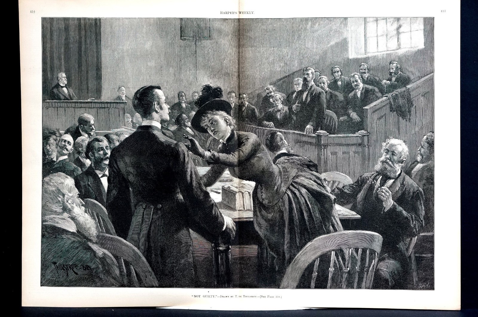 Trial Courtroom Lawyers Jury 1888 NOT GUILTY VERDICT Legal Law Large Engraving